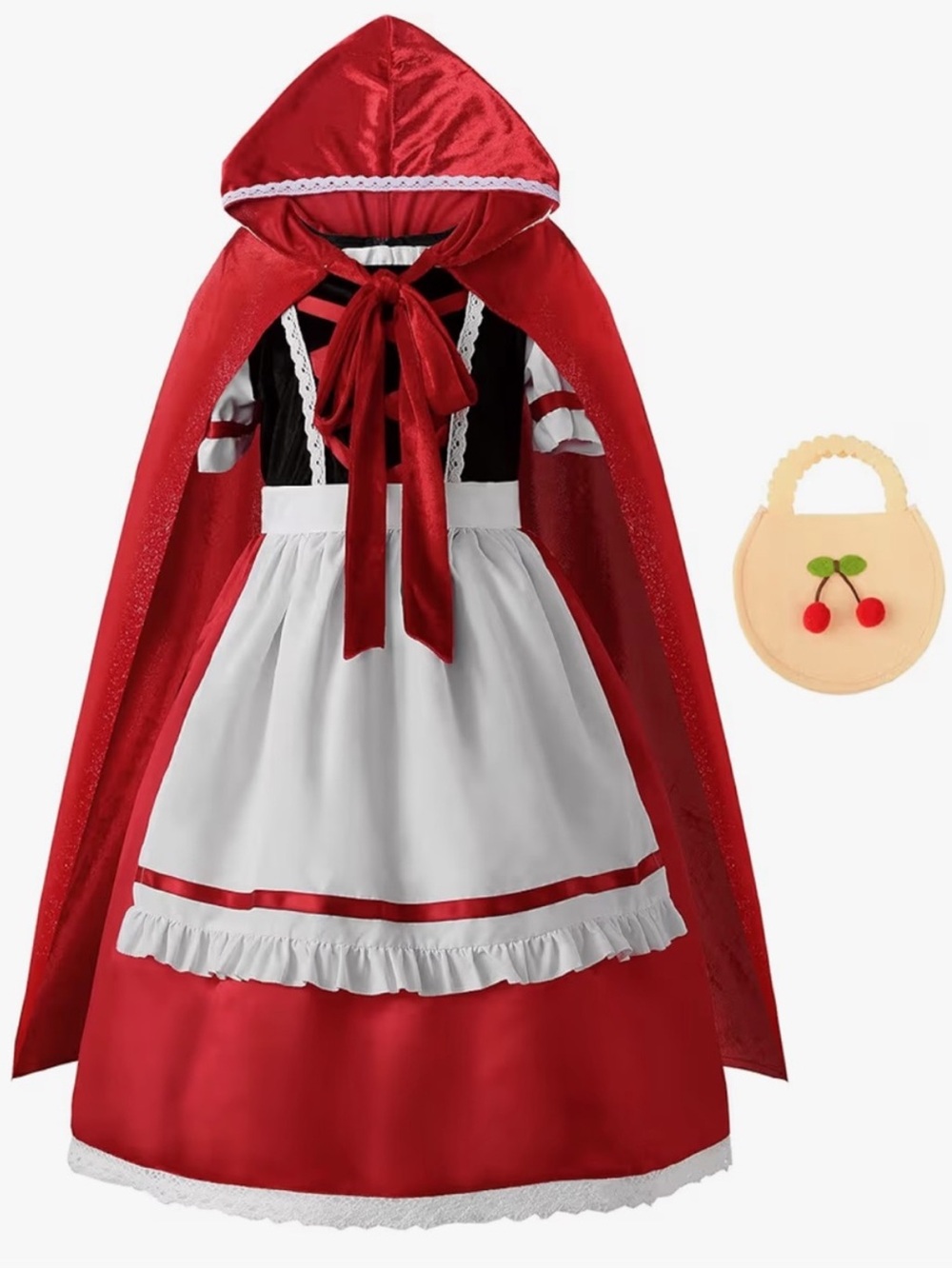 NWT Red Riding Hood German Dirndl Cape Dress Costume with Apron and Cherry Bag